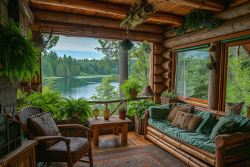 Fototapeta premium log veranda with wooden furniture, many plants and views of the forest lake