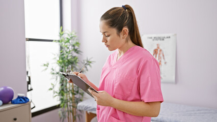 Young female nurse in pink scrubs writing on clipboard in a bright clinic room with anatomical...