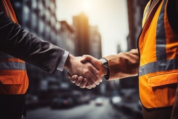Fototapeta premium Two architects shaking hands and making an agreement at construction site for a new project