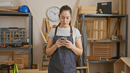 A young woman in a denim apron text messaging on her phone while standing in a well-organized carpentry workshop.