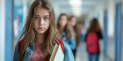 Sad teenage girl standing in a school hallway. Teen student showing signs of depression, stress, and anxiety. Anti-bullying week concept.