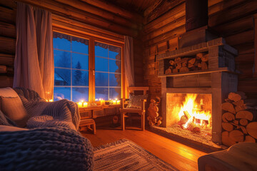 cozy dark interior of a wooden house with a burning fireplace