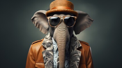 A fashion-forward elephant stands tall in a chic ensemble, complete with a stylish hat and...