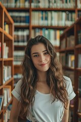 Portrait of female student in university library ready for learning. Education concept. The library whispers secrets of wisdom to this eager student.