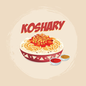 Egyptian Koshari dish with salsa and Daqah