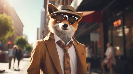 Cercles muraux Hyène A fashion-forward fox sporting a fedora and a tailored suit, strutting down a city sidewalk with wireless headphones, exuding confidence