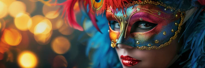Acrylic prints Carnival Beautiful young woman with creative make-up wearing multicolored carnival mask with feathers. Girl wearing costume celebrating carnival. Bokeh lights in background.