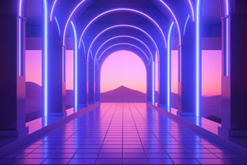 Neon Archway Corridor in Purple and Blue Hues