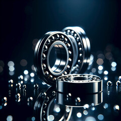 A group of different ball bearings close up on a beautiful blue background with close up reflections. selective focus