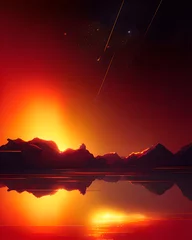 Papier Peint photo Bordeaux Fantasy landscape with mountains and stars, reflected in the water.