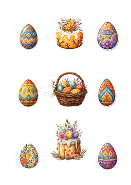 Set of Easter stickers with Easter eggs, isolated images on a transparent background