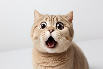 Surprised cat with wide eyes and opened mouth against white backdrop in professional studio photoshoot