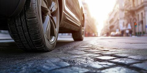 Close-up of car all-season tire. Car parked on city street. Low angle shot, wheel auto with...