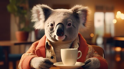 A fashionable koala in a cozy sweater, sipping coffee at a hip cafe