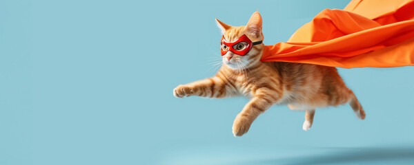 Brave cat wearing superhero cape and mask on solid background. - obrazy, fototapety, plakaty