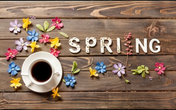 Top view of colorful stars falling out teacup and spring lettering on wooden table, springtime concept