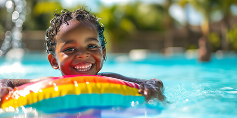Child playing in swimming pool with rainbow floating toy. Little child having fun on family summer vacation in tropical resort. Beach and water toys.