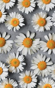 Yellow Flowers pattern compose of chamomiles or daisies on a grey background, Flat lay, top view