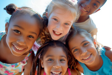Portrait of cheerful multiracial kids looking into camera and smiling. Children of different skin color, view from below.