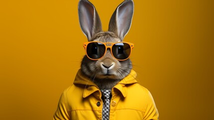 A fashionable rabbit poses against a solid yellow background, wearing a chic ensemble and trendy...