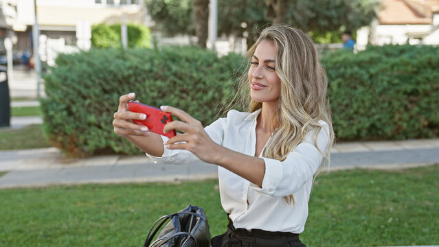 Attractive, confident blonde woman joyfully making a fun, casual selfie with her smartphone on a park bench, bathed in beautiful sunlight, her smile radiating pure happiness and positivity.