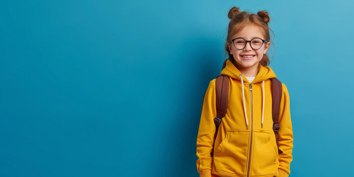 Cheerful child wearing a school backpack on solid background. Young student with a book. First day of school concept.