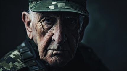 The solemn face of a seasoned veteran, his intense gaze reflecting a lifetime of military service, ideal for content about honor, patriotism, and the human cost of service - obrazy, fototapety, plakaty