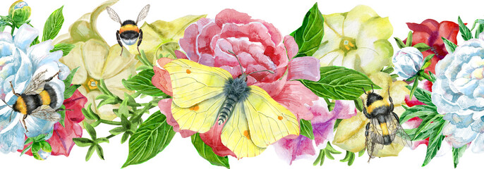 Composition of color petunia and peony flowers. Watercolor illustration
