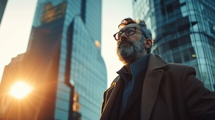 A man in contemplation overlooking the cityscape, reflecting on urban life or business aspirations, ideal for editorial content, motivational themes, or urban lifestyle