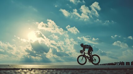 A silhouette of a cyclist against a cloudy sky, symbolizing perseverance and the joy of cycling, ideal for sports and fitness content, with the expansive sky serving as a background