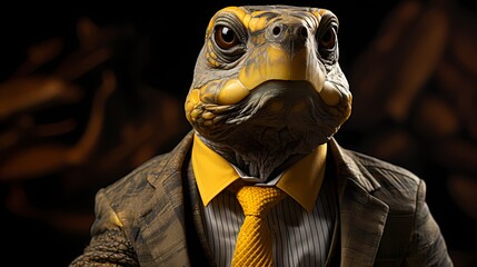 A fashionable turtle dons a dapper bowtie and stylish glasses against a solid yellow background....