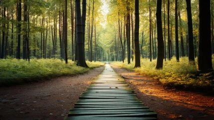 Foto op Canvas A path walkway through a forest © Cloudyew