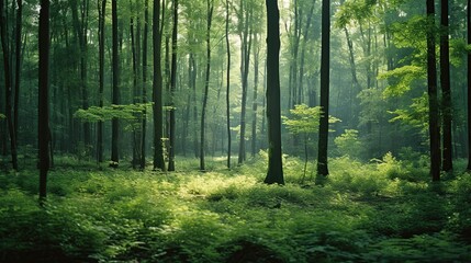 A lush forest bathed in sunlight, evoking serenity and the beauty of nature, perfect for environmental themes or as a tranquil background, particularly for content aimed at promoting conservation
