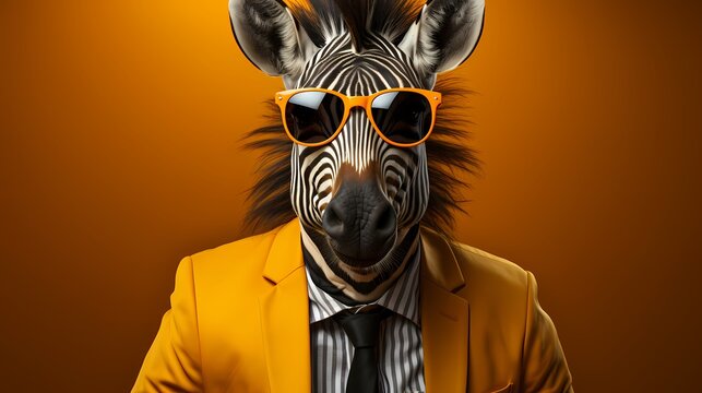 A fashionable zebra showcases its individuality in a vibrant outfit and stylish glasses against a solid yellow background. The high-definition image captures its modern and bold fashion choices 