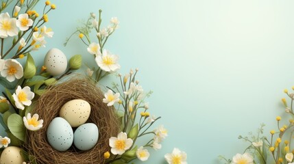 Easter poster and banner template with Easter eggs in a nest on a light green background. Easter greetings and gifts in flat style. - obrazy, fototapety, plakaty