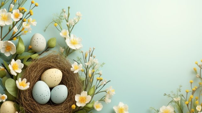 Easter poster and banner template with Easter eggs in a nest on a light green background. Easter greetings and gifts in flat style.