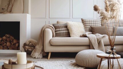 Beige sofa with plaid and fur cushion against of fireplace. Hygge, scandinavian interior design of modern living room