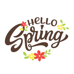 Hello spring. Hand lettering text with flowers and leaves isolated on white backgrouns. Vector typography for posters, greeting cards, banners, flyers - 733142738