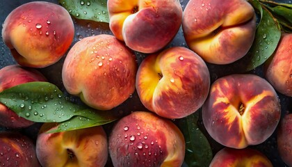 Fresh and juicy peaches with water droplets. Tasty and sweet fruits. Organic garden food.