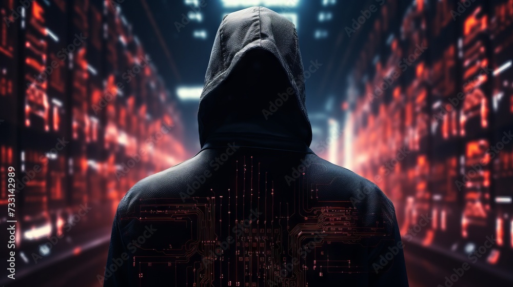 Poster An anonymous hacker near the servers. Cyberattack, Cybercrime, cybersecurity, Illegal actions concepts.