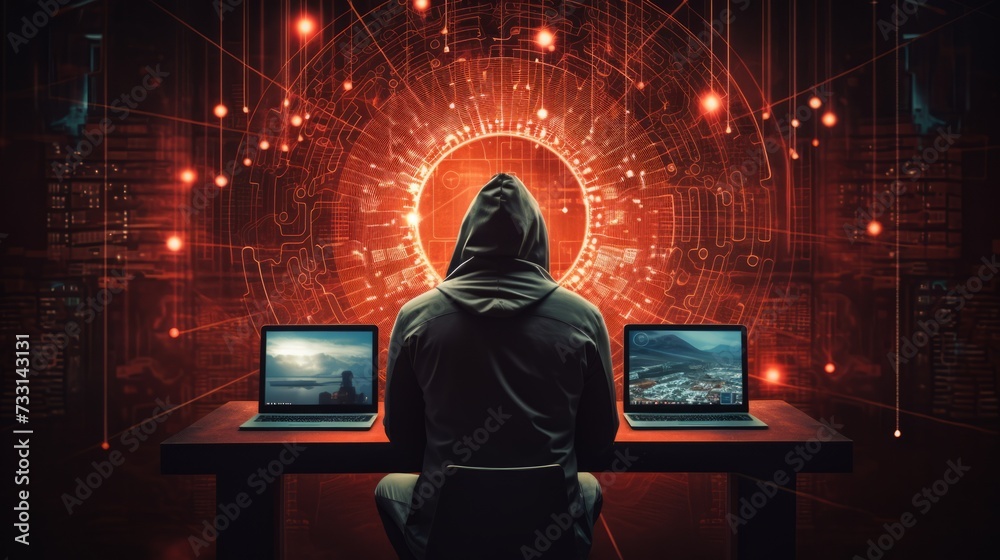 Poster A rear view of a hacker in a black hoodie near laptops and a digital red screen. Cyberattack, Cybercrime, Illegal actions concepts.
