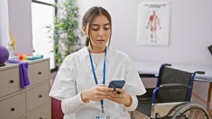 A young hispanic woman healthcare worker uses a smartphone in a clinic rehabilitation room with a...