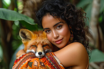 beautiful young Latin American woman with a fox in her arms, gently hugging her.