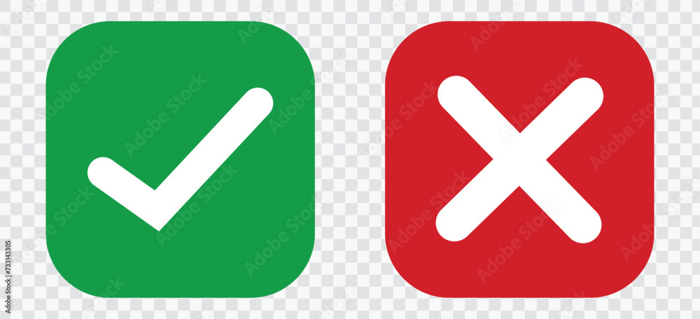 Wall mural set of red x and green check mark icons. cross and tick symbols isolated on transparent background.
