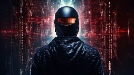 A rear view of a hacker in a black hoodie near a digital red screen. Cyberattack, Cybercrime,...