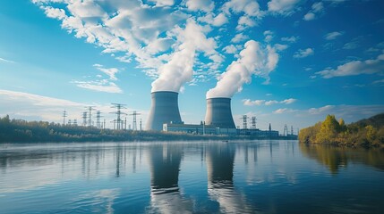 A nuclear power plant on the background of the sky by the river. The power plant's imposing presence against the backdrop of the sky. - obrazy, fototapety, plakaty