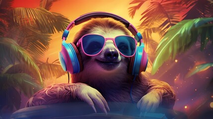 A laid-back sloth chilling on a hammock, dressed in beach attire and listening to reggae beats...