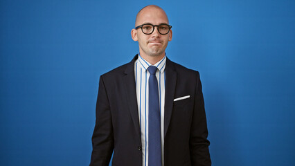 Young hispanic man business worker with serious face over isolated blue background