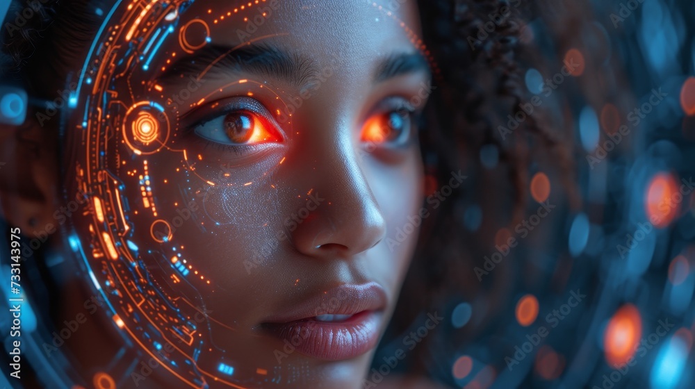 Poster the image depicts a young black woman operating a holographic screen and a wide angle view of the gl
