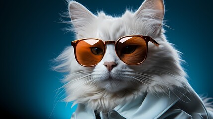 A modern cat dressed in trendy attire and stylish glasses strikes a pose against a vivid blue backdrop. Its cute expression and fashionable outfit make it utterly adorable